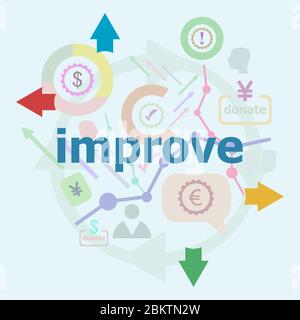 Miglioramento del testo. Concetto aziendale. Set di icone di linea e tipografia di parole sullo sfondo Foto Stock