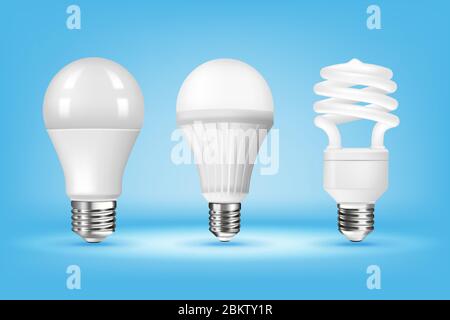 Lampadine CFL e LED ad incandescenza 3D su sfondo blu, stile realistico. Idea, creatività e concetto di innovazione. Uso responsabile dell'energia ed ecologia Illustrazione Vettoriale