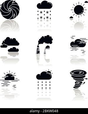 Icone glifi neri ombreggiate in meteorologia impostate Illustrazione Vettoriale