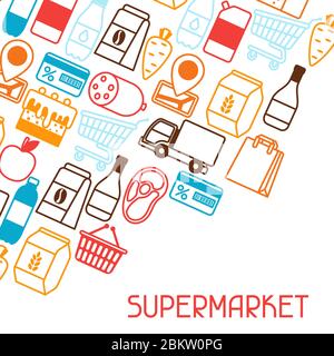 Sfondo supermercato con icone alimentari. Illustrazione Vettoriale