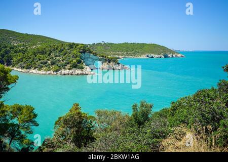 Costa Puglia: Vista panoramica sulla Baia di San Felice con l'architetto di San Felice. Parco Nazionale del Gargano, Italia. Foto Stock