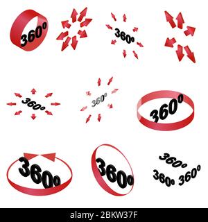 set di icone vettoriali glifi rosse a 360 gradi Illustrazione Vettoriale