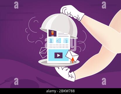 Illustrazione su tema di satiety con le notizie calde, lo spazio di informazione, il Internet, i social network, le pagine di fotoricettore Illustrazione Vettoriale