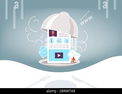 Illustrazione su tema di satiety con le notizie calde, lo spazio di informazione, il Internet, i social network, le pagine di fotoricettore Illustrazione Vettoriale