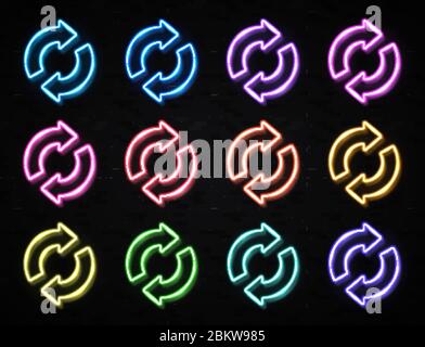 2 serie di icone con cerchio a freccia. segni al neon 3d su sfondo nero in mattoni. Simbolo del loop di rotazione ricarica aggiornamento luminoso. Schema della tecnologia delle lampade elettriche. Illustrazione Vettoriale