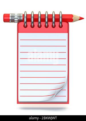 Matita rossa e blocco note rappresentazione 3D isolata su sfondo bianco Foto Stock
