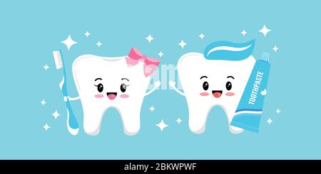 Carino ragazzo e ragazza denti emoji con dentifricio, spazzolino da denti e scintille. Illustrazione Vettoriale