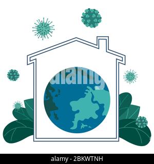 Mondo o terra in casa, rimanendo a casa con auto quarantena per aiutare a lento focolaio e proteggere la diffusione del virus, Coronavirus, covid-19, Lassa febbre, Illustrazione Vettoriale