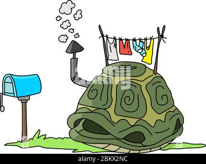 Guscio di tartaruga cartoon come una casa con un camino fumante sulla figura vettoriale superiore Illustrazione Vettoriale