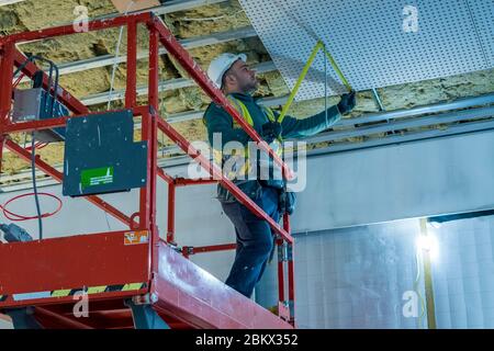 ritratto di giovane appaltatore di drylining che installa il soffitto sul cantiere Foto Stock