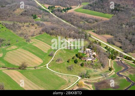 Fotografia aerea di Taliesin, la famosa scuola e studio architettonico di Frank Lloyd Wright, un'attrazione turistica vicino a Spring Green, Wisconsin, USA. Foto Stock