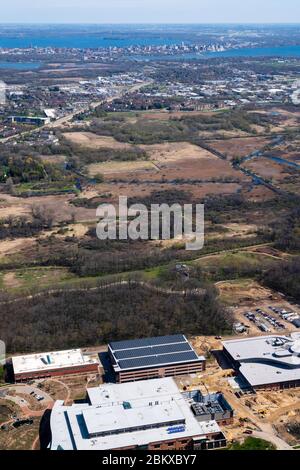 Fotografia aerea di Promega Corporation, una società di biotecnologia a Fitchburg, Wisconsin, USA. Foto Stock