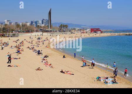 Spiaggia, Porto Olimpico, Barcellona, Catalogna, Spagna, Europa Foto Stock