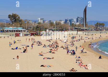 Spiaggia, Porto Olimpico, Barcellona, Catalogna, Spagna, Europa Foto Stock