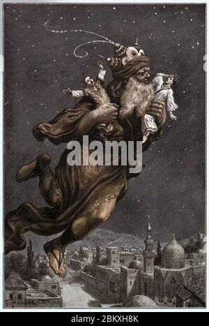 Illustrazione di Aladdin volare via con due persone dalle notti arabe. Foto Stock