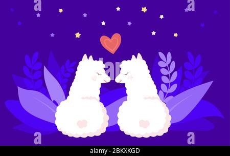 Due alpaca o lama, romantica notte d'amore. Simpatico personaggio da cartoni animati, sorridente. Cute bianco bambini lama con cuori e stelle. Isolato su sfondo blu, illustrazione vettoriale Illustrazione Vettoriale