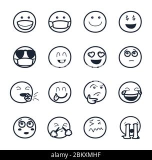 Emojis affronta il design del set di icone in stile linea, l'emoticon di espressione Cartoon e il tema dei social media illustrazione vettoriale Illustrazione Vettoriale