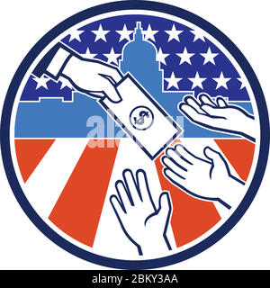 Icona retro stile illustrazione dello stimolo del governo americano o di impatto economico pagamento mostrando una mano che dà denaro al destinatario con l'Unito Illustrazione Vettoriale