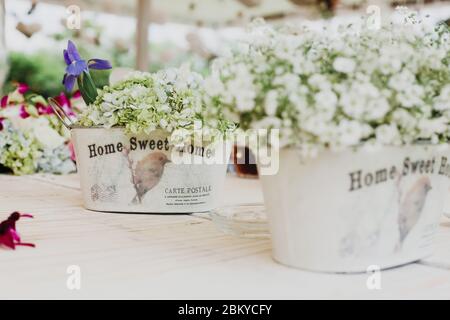 fiori in vasi vintage e tavolo, tavolo per matrimoni, disposizione ricevimento Foto Stock