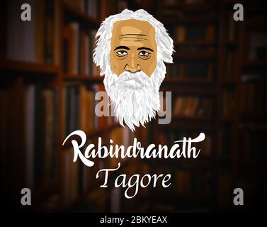 Illustrazione vettoriale di Rabindranath Tagore è su vecchia biblioteca con festival culturale celebrato ogni anno Foto Stock