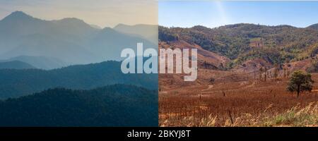 Paesaggio naturale di nube e pendii di montagna e montagne aride dall'agricoltura, muovendosi lungo le montagne. Vista panoramica. Foto Stock