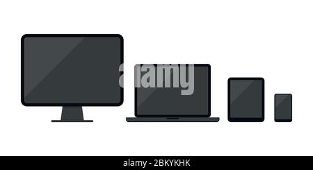 Icona di computer desktop, laptop, tablet pc, smartphone o telefono cellulare impostata isolata su sfondo bianco. Illustrazione Vettoriale