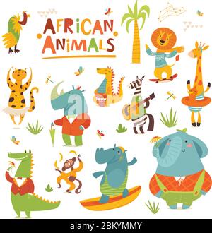 Cartoon vettoriale Animali selvatici dell'Africa personaggi divertenti in stile piatto Illustrazione Vettoriale