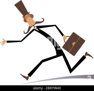 Fretta e uomo occupato illustrazione isolata. Sbrigati e affollato uomo lungo baffi nel cappello con una borsa isolata su illustrazione bianca Illustrazione Vettoriale