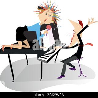 Cantante donna e pianista nell'illustrazione del concerto. Pianista e cantante donna siede sul piano, tiene un microfono e canta isolati su bianco Illustrazione Vettoriale