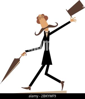 Allegria lungo baffi uomo in cima cappello che cammina con ombrello isolato su illustrazione bianca Illustrazione Vettoriale