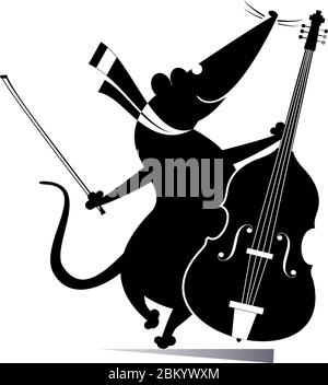 Cartone animato ratto o mouse un'illustrazione di violoncellista. Divertente ratto o topo con violoncello e fiddlestick isolato su bianco Illustrazione Vettoriale