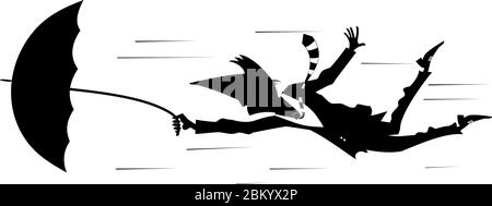 Giorno ventoso e l'uomo vola con l'illustrazione dell'ombrello. Uomo con un ombrello andato con la silhouette del vento nero su bianco Illustrazione Vettoriale