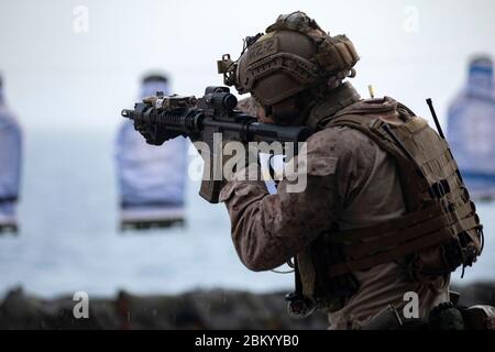 200430-N-MY922-1077 GOLFO ARABICO (30 aprile 2020) - una marina di ricognizione, assegnata alla forza di RAID Marittimo, 26a unità di spedizione marina (MEU), partecipa ad un esercizio di fuoco vivo a bordo della nave d'assalto anfibia USS Bataan (LHD 5), 30 aprile 2020. Bataan è il fiore all'occhiello del Bataan Amphibious Ready Group e, con il 26° MEU imbarcato, viene distribuito nell'area della 5th Fleet statunitense per sostenere operazioni navali per garantire stabilità e sicurezza marittima nella regione centrale, Collegando il Mediterraneo e il Pacifico attraverso l'Oceano Indiano Occidentale e tre strategie Foto Stock