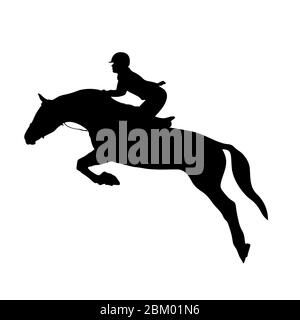 equestrianism cavallo e donna cavaliere saltare silhouette nera Foto Stock