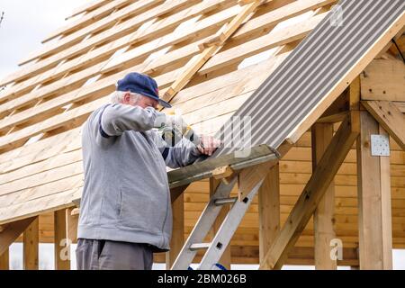 Uomo senior da costruzione che utilizza un cacciavite, fissa un foglio di copertura a travi in legno sul tetto di una casa di campagna in costruzione. Atto fisico Foto Stock