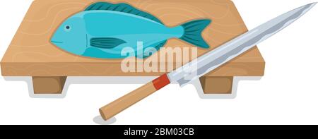 Tagliare il tonno rotolo di pesce e salmone minnow su legno piano di cucina concetto isolato su bianco, cartoon illustrazione vettoriale. Preparazione del design frutti di mare, sp Illustrazione Vettoriale