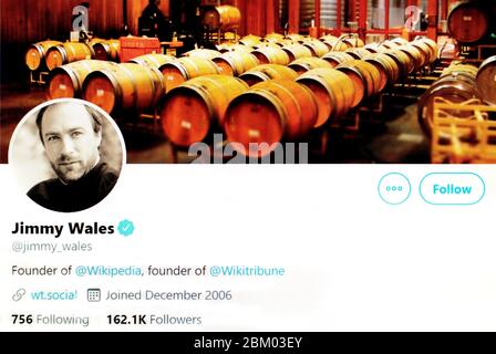 Pagina Twitter (maggio 2020) : Jimmy Wales, fondatore di Wikipedia Foto Stock