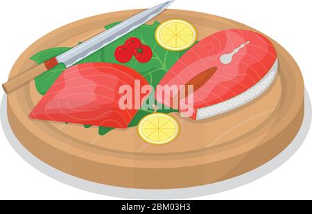 Tagliare il tonno rotolo di pesce e salmone minnow su legno piano di cucina concetto isolato su bianco, cartoon illustrazione vettoriale. Preparazione del design frutti di mare, sp Illustrazione Vettoriale