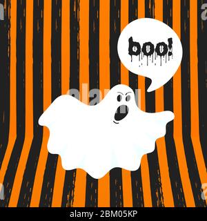 Concetto di messaggio di Halloween fantasma di Boo. Volo Halloween divertente fantasma spooky personaggio dire BOO con spazio di testo nel parlato bolla illustrazione vettoriale è Illustrazione Vettoriale