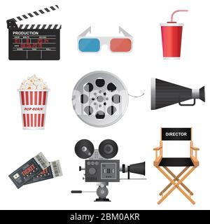 Icone Cinema 3D. Lavagna a fogli mobili, megaphone, biglietti per film, regista, tazza di bibite, popcorn, bobina, retrò proiettore illustrazione vettoriale Illustrazione Vettoriale