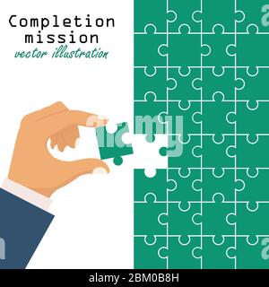 Concetto di missione di completamento. Businessman che mette l'ultimo puzzle in puzzle. Illustrazione Vettoriale