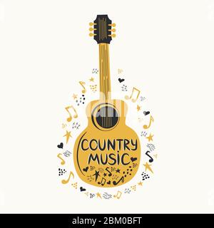 Chitarra acustica circondata da note, l'iscrizione Love Music, Country Music. Country Cowboy Music Festival Creative Event Live Event Poster Concept Illustrazione Vettoriale