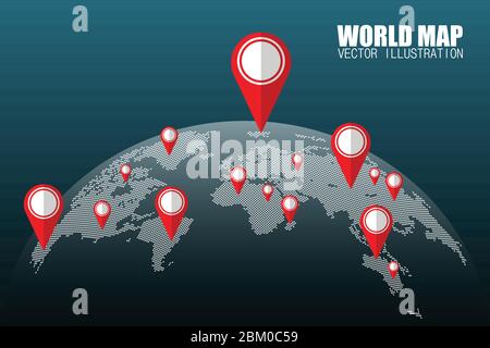 Mappa del mondo dei punti con illustrazione vettoriale dei pin isolata. Punti che indicano la posizione sulla mappa Illustrazione Vettoriale