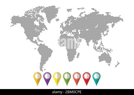 Mappa del mondo dei punti con illustrazione vettoriale dei pin isolata. Punti che indicano la posizione sulla mappa Illustrazione Vettoriale