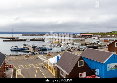 Vista sul porto nella popolare cittadina di avvistamento di balene di Húsavík, Islanda settentrionale. Foto Stock