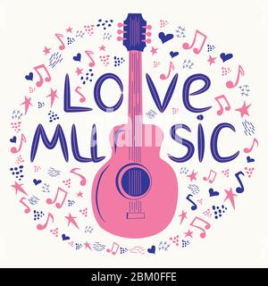 Chitarra acustica circondata da note, l'iscrizione Love Music, Country Music. Country Cowboy Music Festival Creative Event Live Event Poster Concept Illustrazione Vettoriale