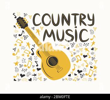 Chitarra acustica circondata da note, l'iscrizione Love Music, Country Music. Country Cowboy Music Festival Creative Event Live Event Poster Concept Illustrazione Vettoriale