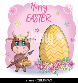 Carino mucca da cartone animato, un toro con un uovo di Pasqua, accanto ad un cesto di uova, simbolo 2021 sul calendario orientale. Illustrazione Vettoriale