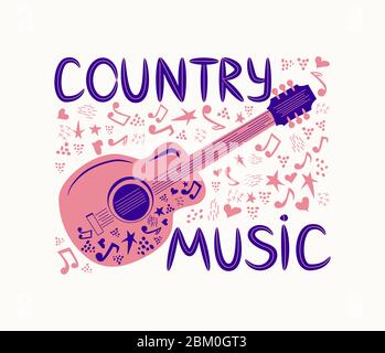 Chitarra acustica circondata da note, l'iscrizione Love Music, Country Music. Country Cowboy Music Festival Creative Event Live Event Poster Concept Illustrazione Vettoriale