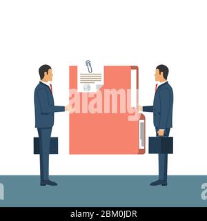 Dare un documento. Due uomini d'affari alla riunione trasferiscono una cartella con documenti da mano a mano. Illustrazione vettoriale in design piatto. Illustrazione Vettoriale
